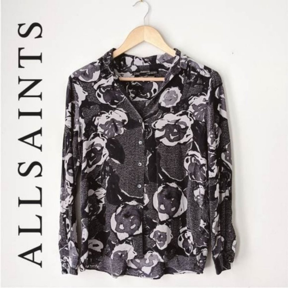 Allsaints 100% Silk Black Floral Blouse SZ 4